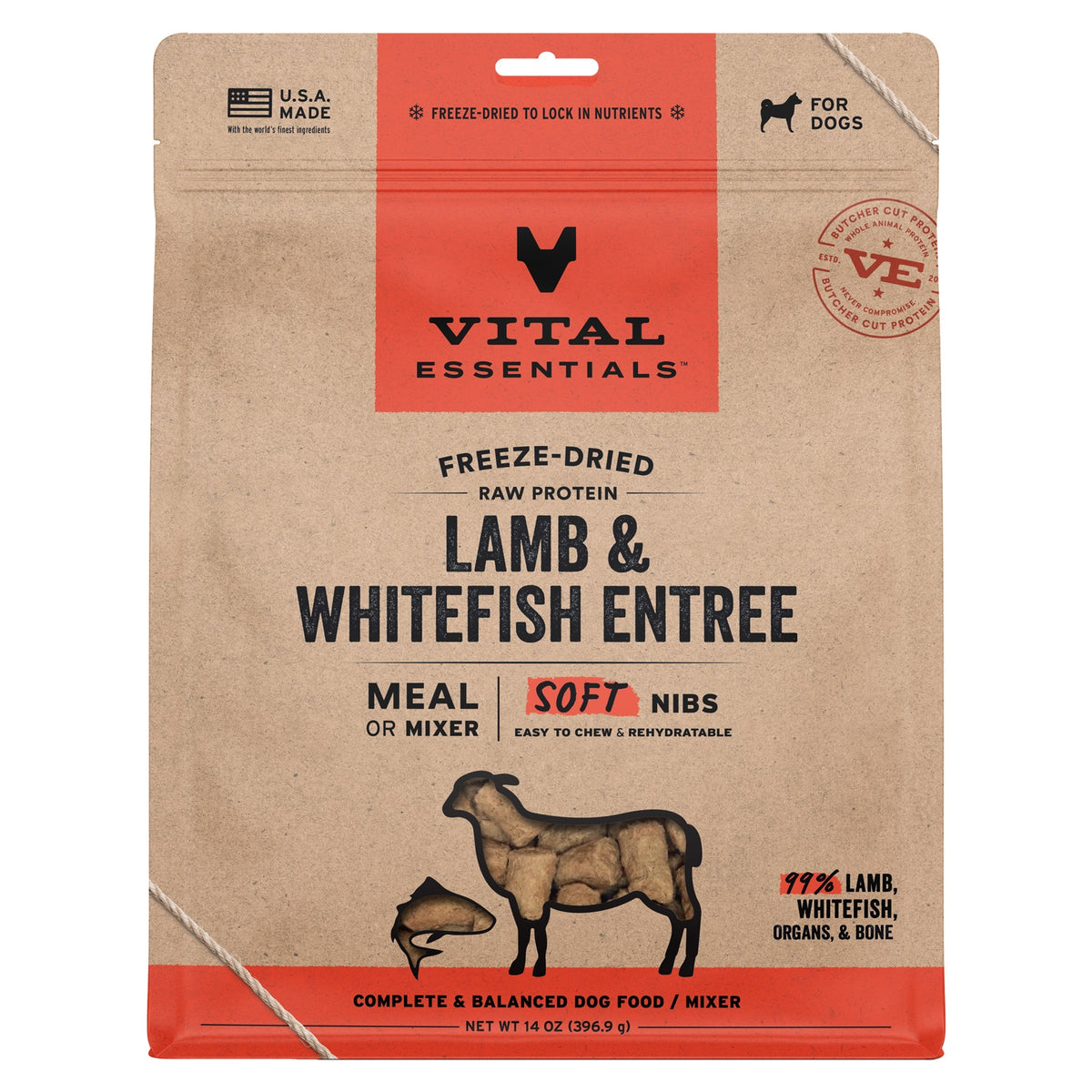 Vital Essentials Freeze-Dried Raw Lamb & Whitefish Entree & Mixer Dog Food Soft Nibs, 14 oz