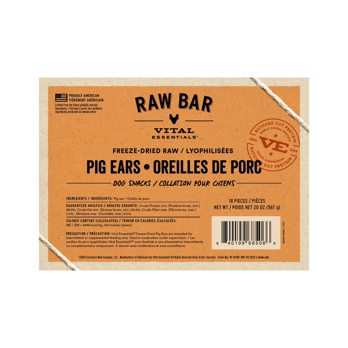 Vital Essentials® RAW BAR Freeze-Dried Raw Pig Ears Dog Snacks - 18 pcs