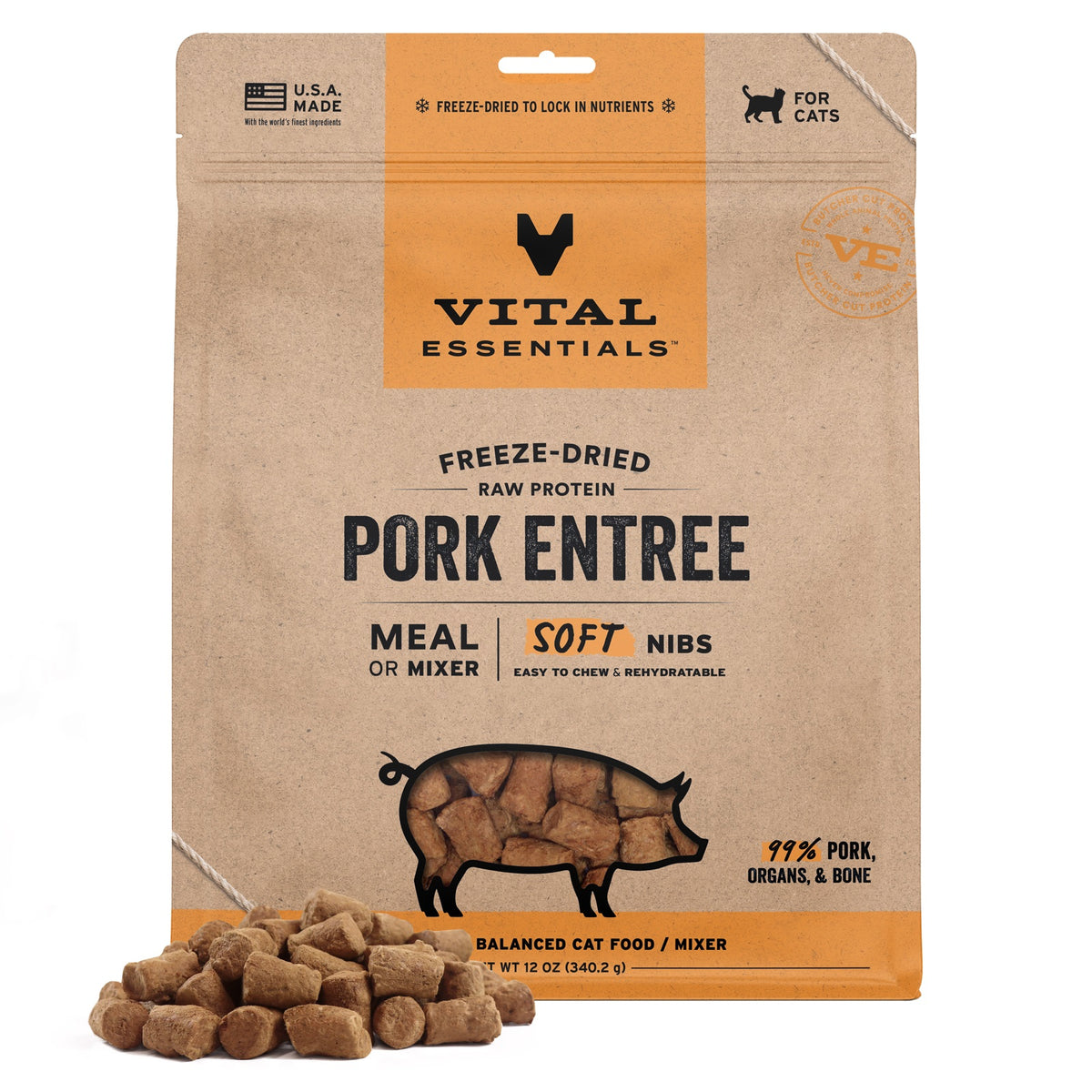Vital Essentials Freeze-Dried Raw Pork Entree & Mixer Cat Food Soft Nibs, 12 oz