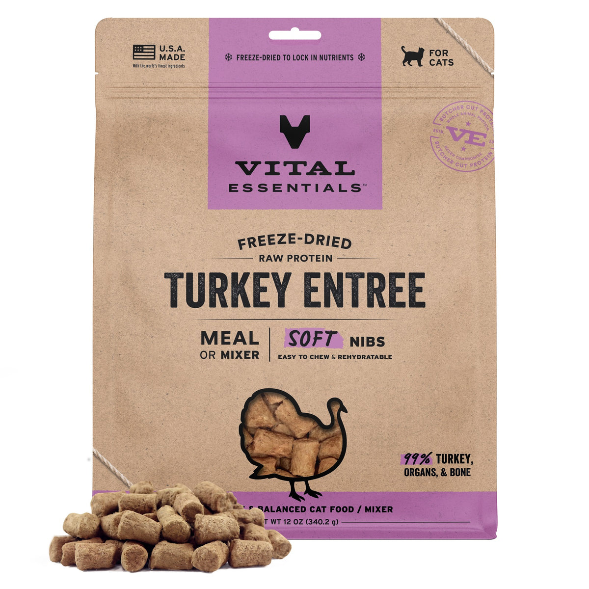 Vital Essentials Freeze-Dried Raw Turkey Entree & Mixer Cat Food Soft Nibs, 12 oz