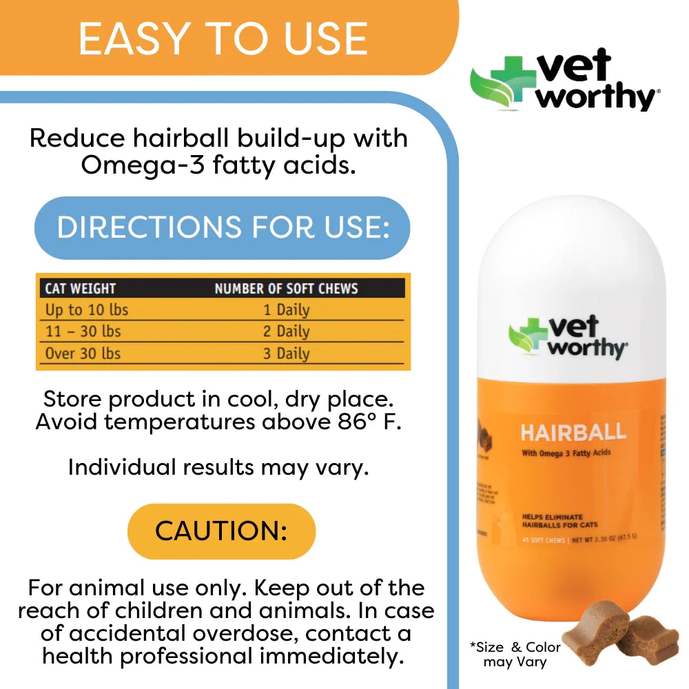 Vet Worthy Hairball Support w/ Pumpkin Soft Chews Feline 60ct