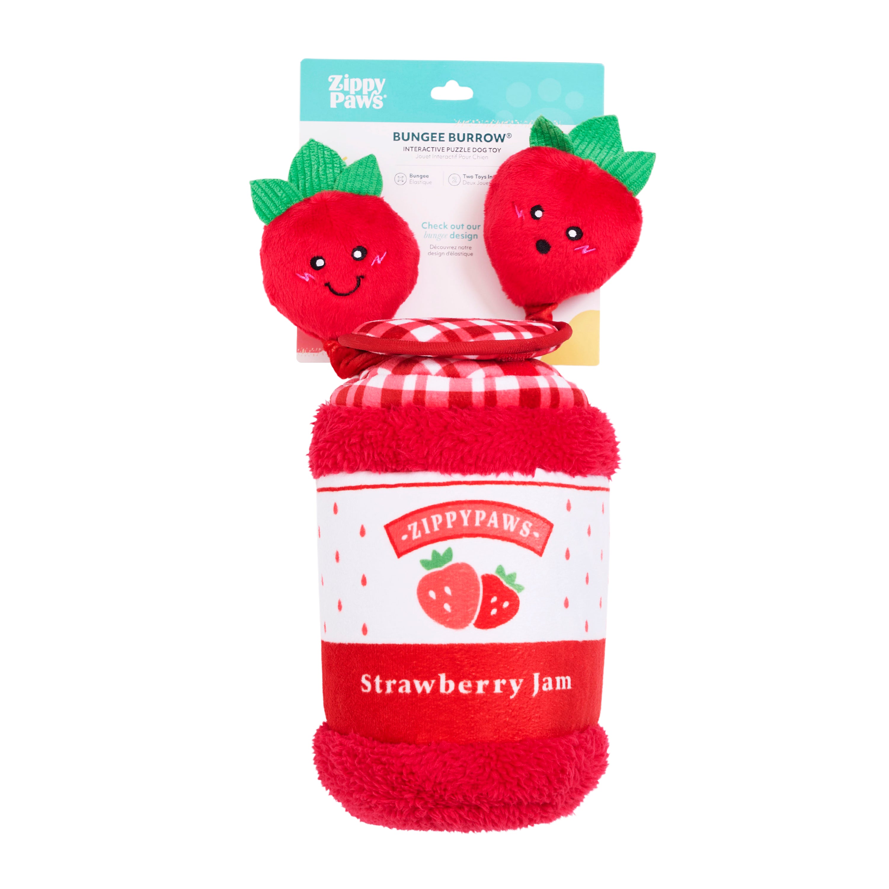 ZippyPaws Bungee Burrow Strawberry Jam Jar Plush Dog Toy