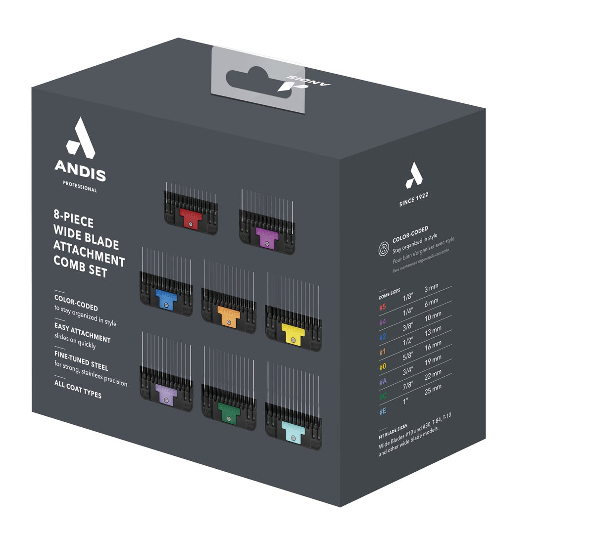 Andis  8-PC Wide Blade Attachment Comb Set Sizes: 1/8", 1/4", 3/8", 1/2", 5/8", 3/4", 7/8", 1"