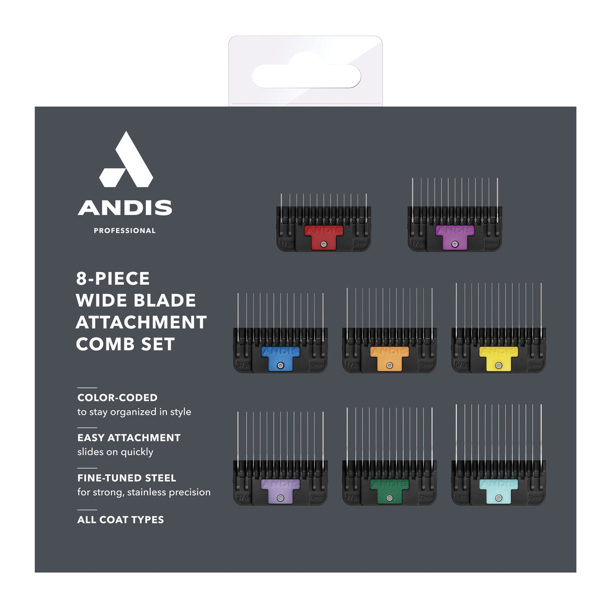 Andis  8-PC Wide Blade Attachment Comb Set Sizes: 1/8", 1/4", 3/8", 1/2", 5/8", 3/4", 7/8", 1"