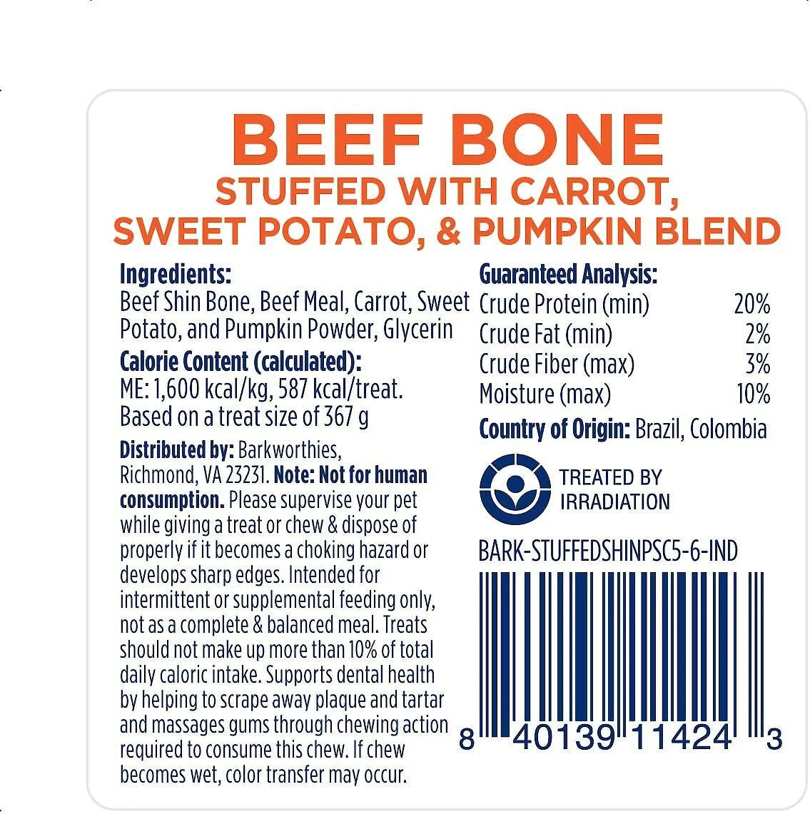 Barkworthies 5-6" Shin Bone Stuffed w/Pumpkin, Sweet Potato, & Carrot