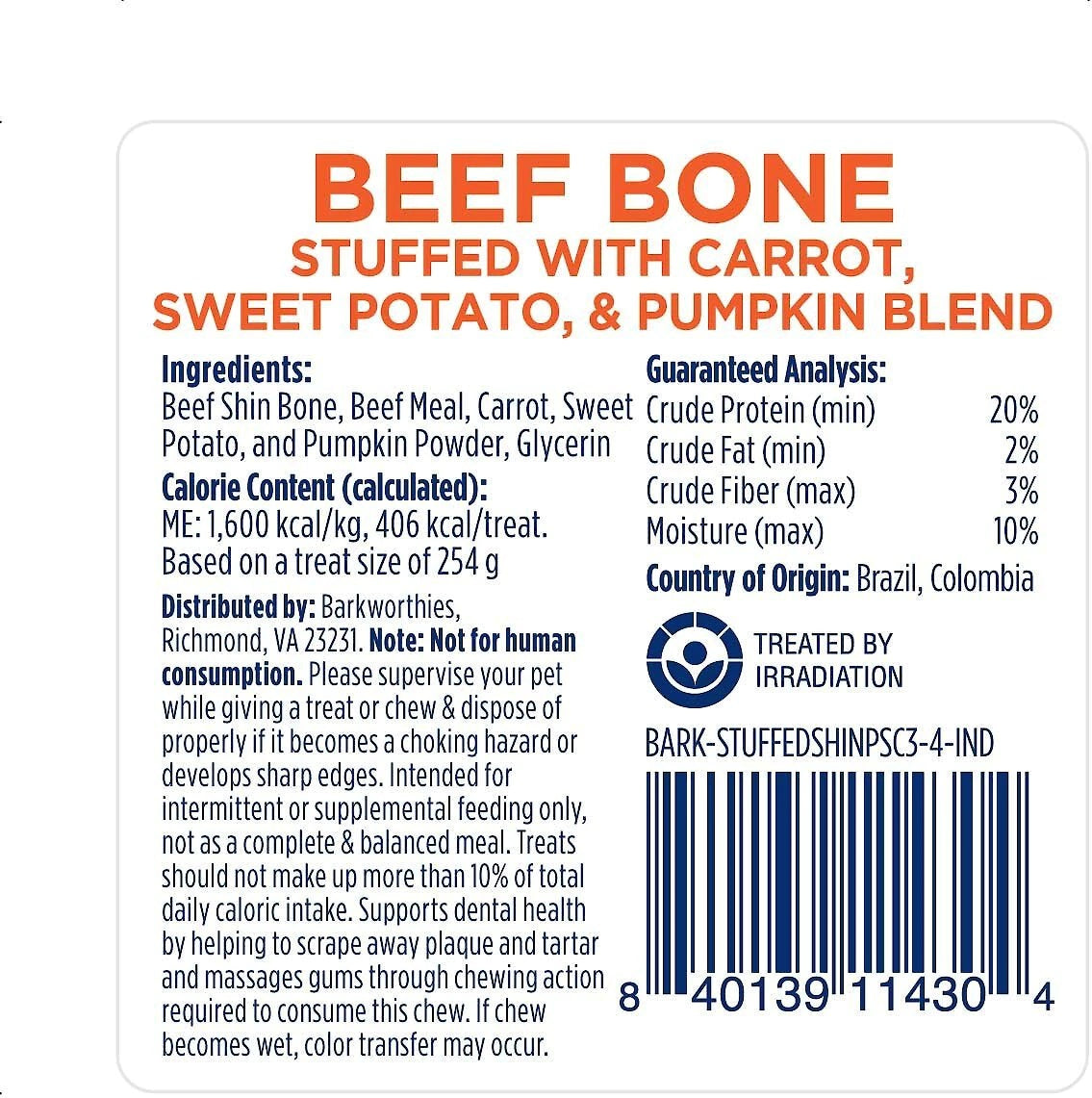Barkworthies 3-4" Shin Bone Stuffed w/Pumpkin, Sweet Potato, & Carrot