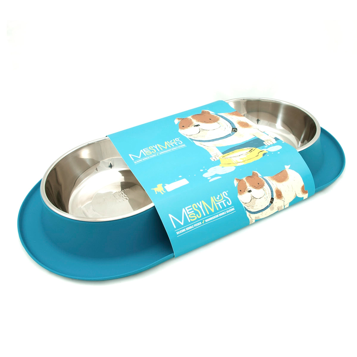 Messy Mutts Double Silicone Feeder with Stainless Bowls Blue XL