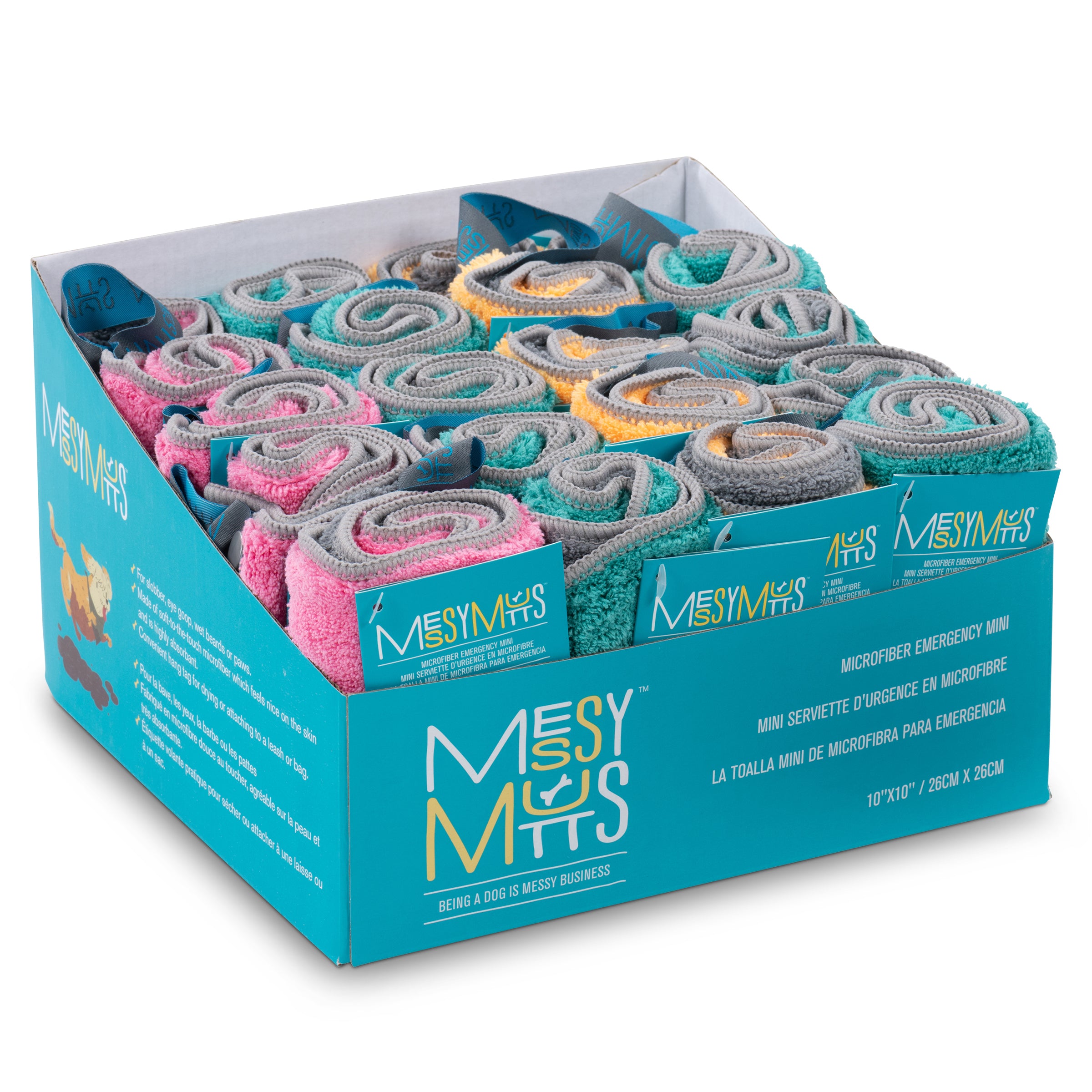 Messy Mutts Microfiber Dual Sided Emergency Mini Towel with Clip Assorted 20ct 10" x 10" CDU