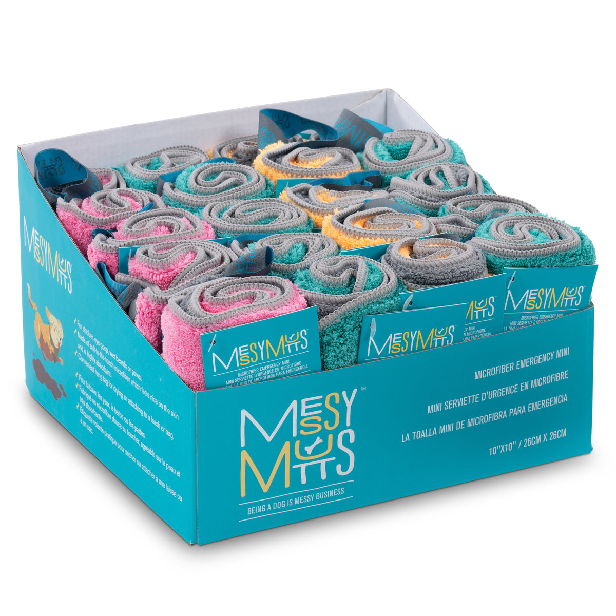 Messy Mutts Microfiber Dual Sided Emergency Mini Towel with Clip Assorted 20ct 10" x 10" CDU