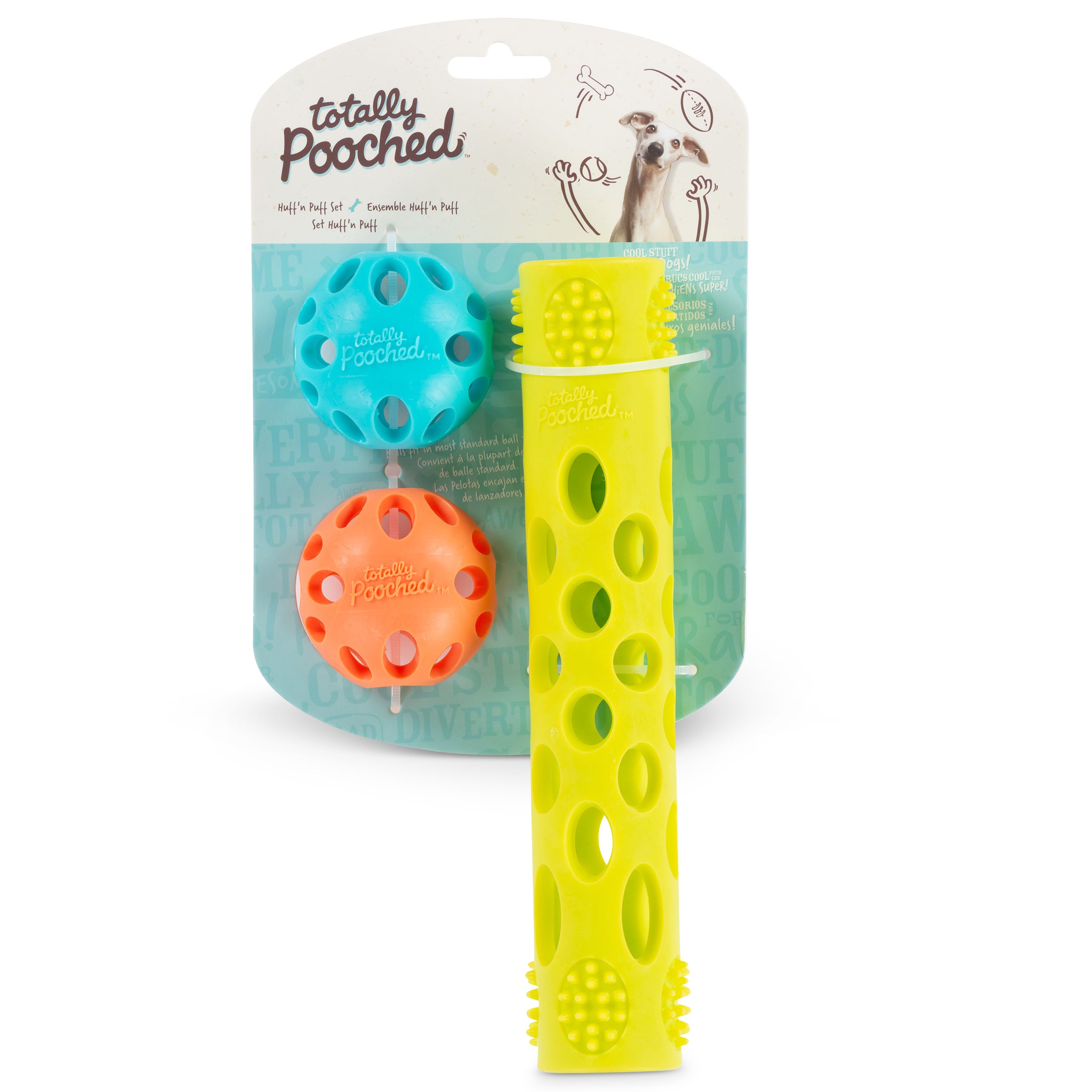 Totally Pooched Huff'n Puff 3pc, Two Ball & Stick Set, Rubber, Assorted
