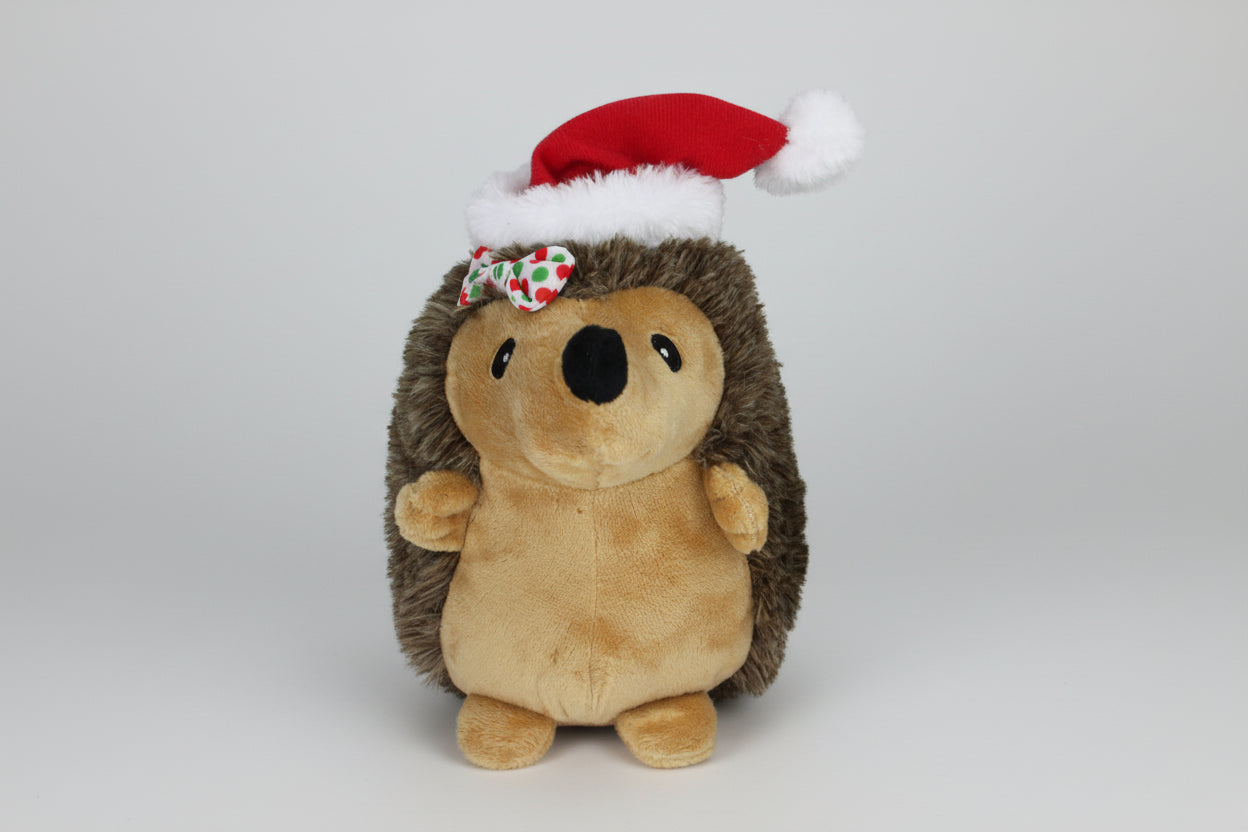 Multipet Hedgehog W/Hair Bow & Red Santa Hat Dog Toy 8"