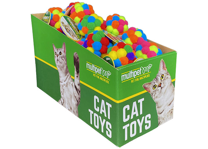 Multipet Pom Pom Ball w/ Rattle Cat Toy Assorted Colors 2" 25pc