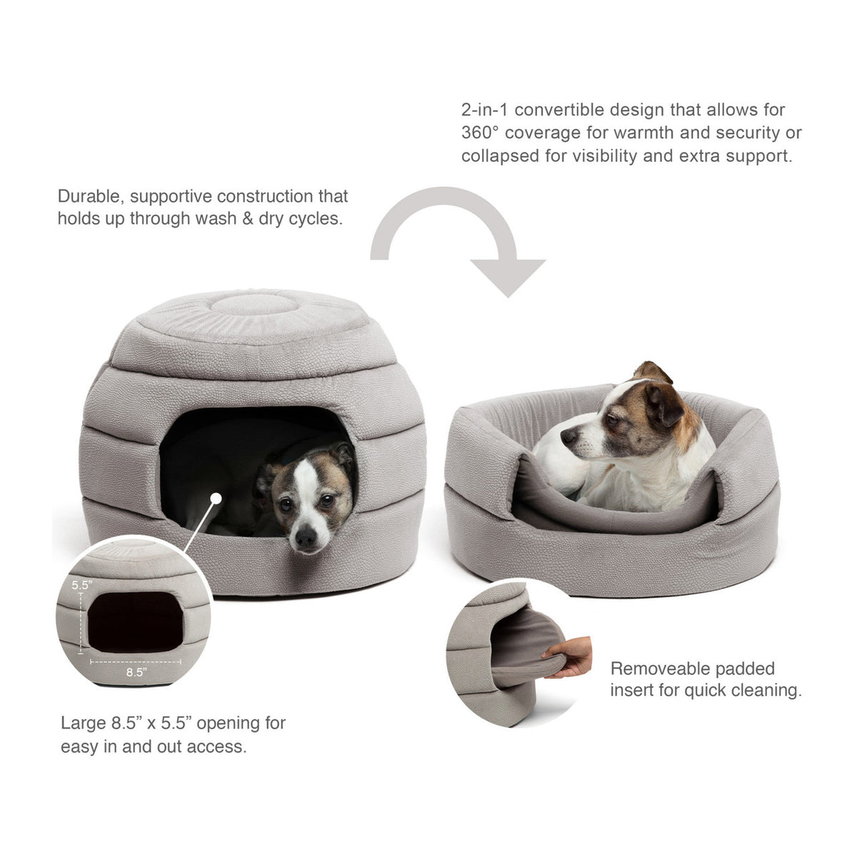 Best Friends by Sheri 2-in-1 Honeycomb Ilan Pet Hut Cuddler Cat and Dog Bed Grey