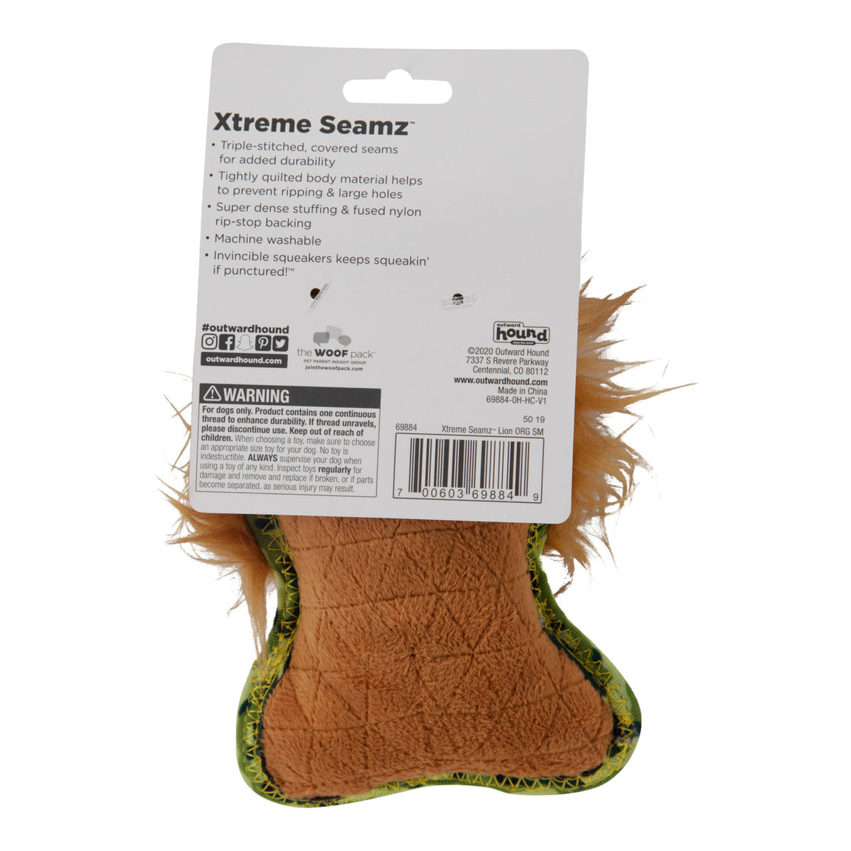 Outward Hound Xtreme Seamz Lion Plush Dog Toy Orange Small