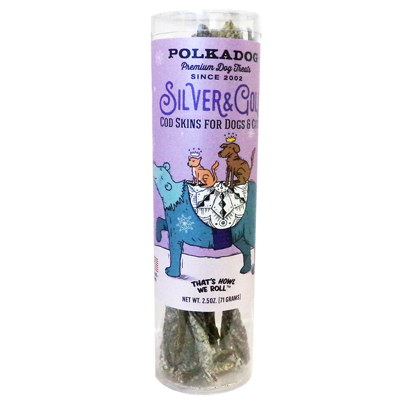 Polkadog Holiday Tube Silver Gold Cod Skin Dog Treat 2.5oz Case 6