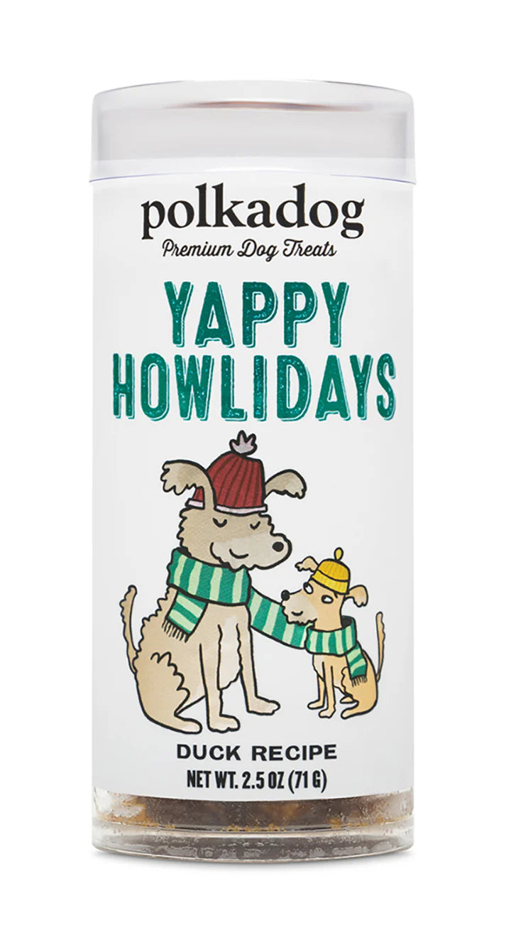 Polka Dog Holiday Mini Tube: Yappy Howlidays, Lucky Duck Bits Dog Treat 2oz