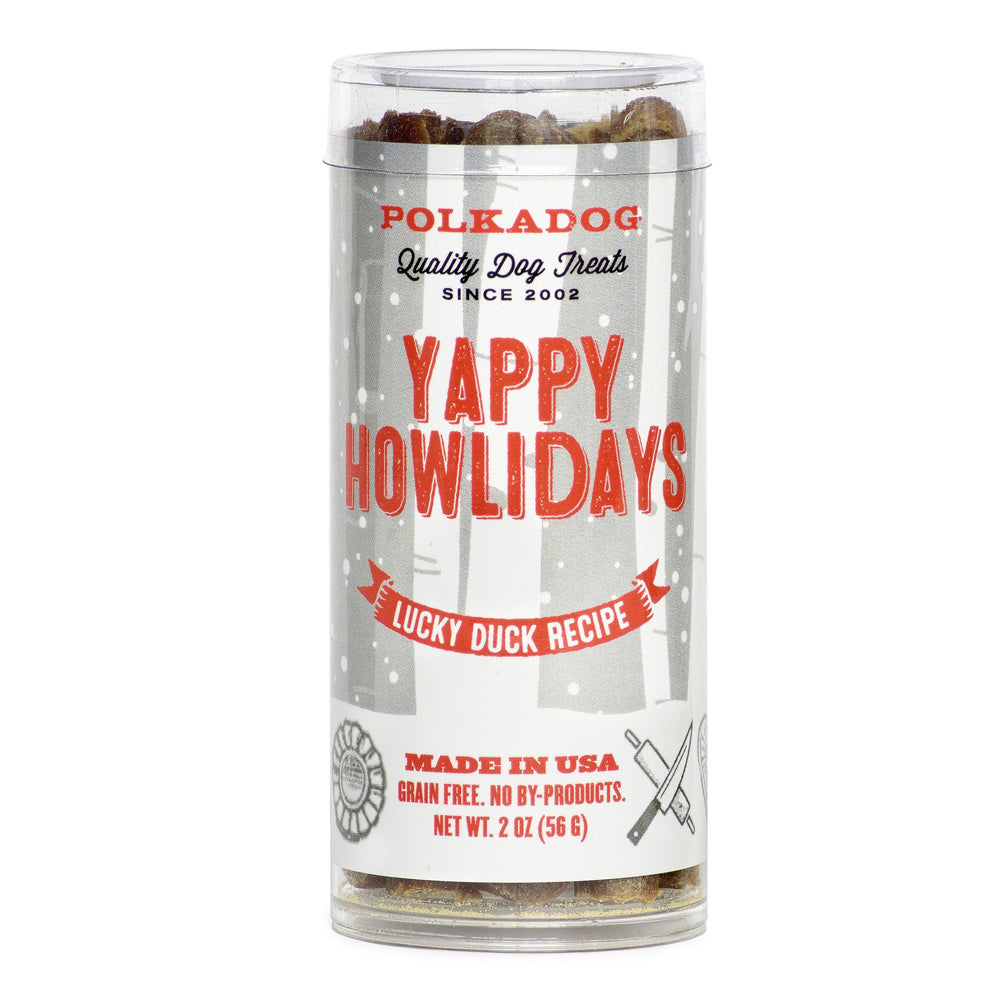 Polka Dog Holiday Mini Tube: Yappy Howlidays, Lucky Duck Bits Dog Treat 2oz