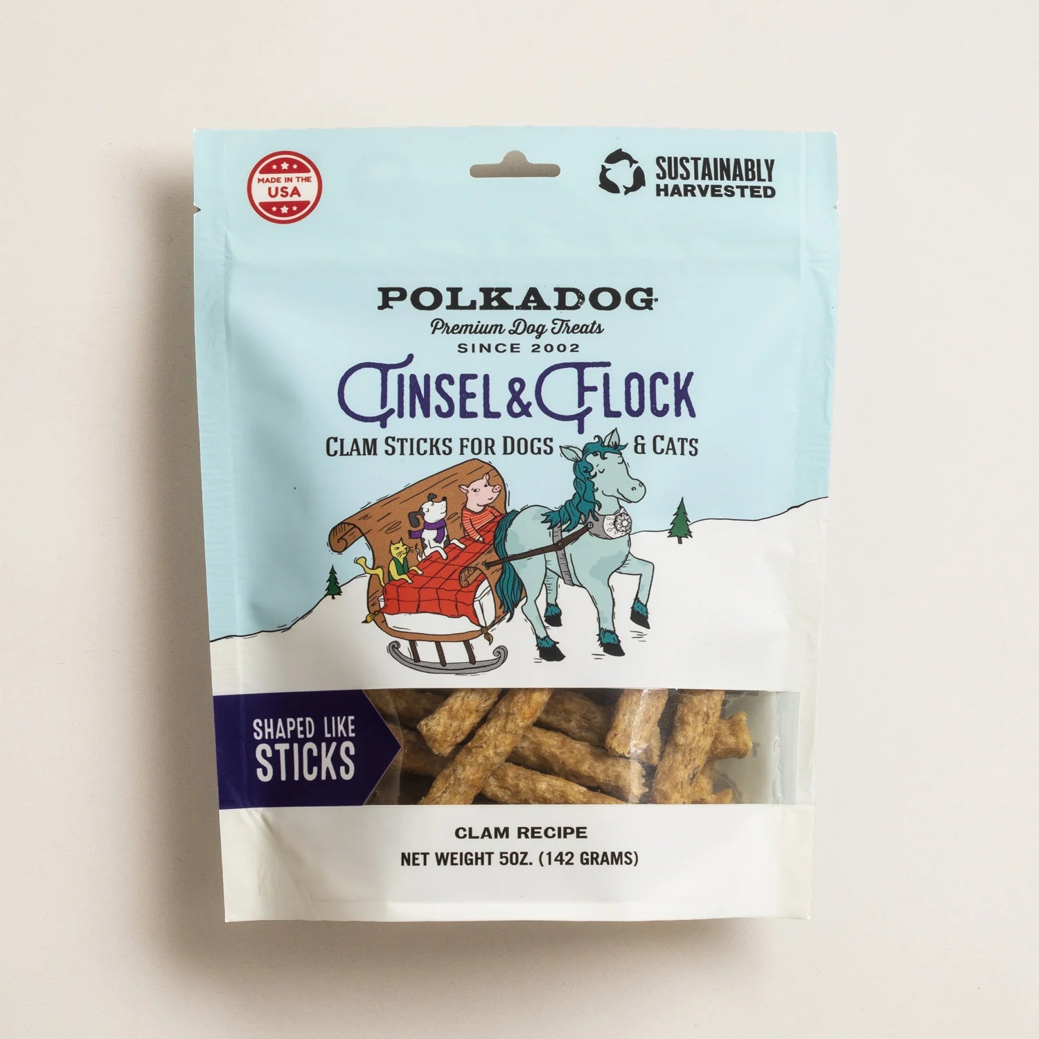 Polkadog Holiday Pouch: Tinsel & Flock (Clam) Dog Treat 5oz