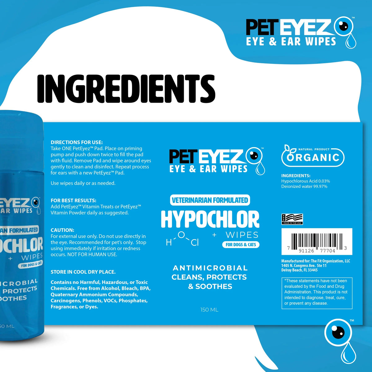 Pet Eyez Eye and Ear Wipes with Hypochlor 60ct