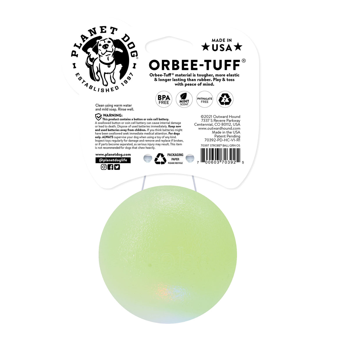 Planet Dog Orbee-Tuff Strobe Ball Light Up Dog Toy Green