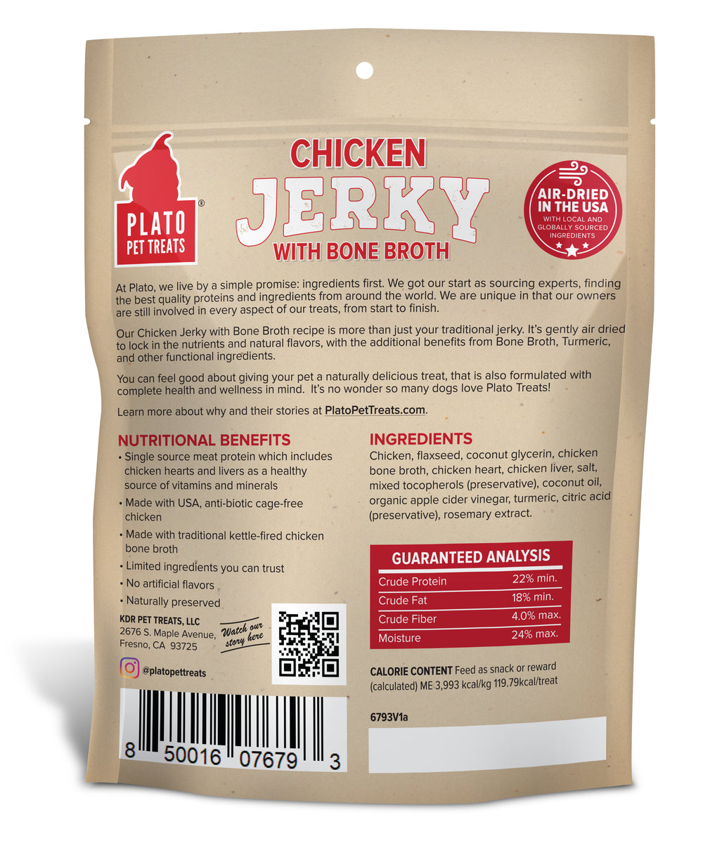 Plato Pet Treats Chicken Jerky with Bone Broth 16oz
