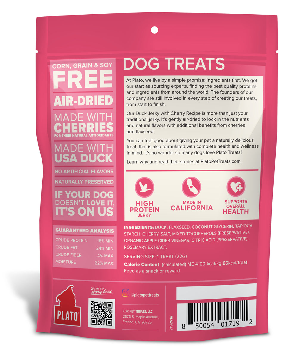 Plato Duck Jerky with Cherry Dog Treats 16oz