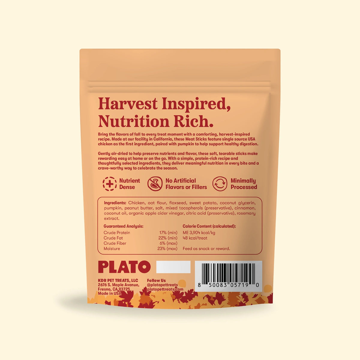 Plato Fall Harvest Chicken & Pumpkin Sticks Dog Treat 5oz