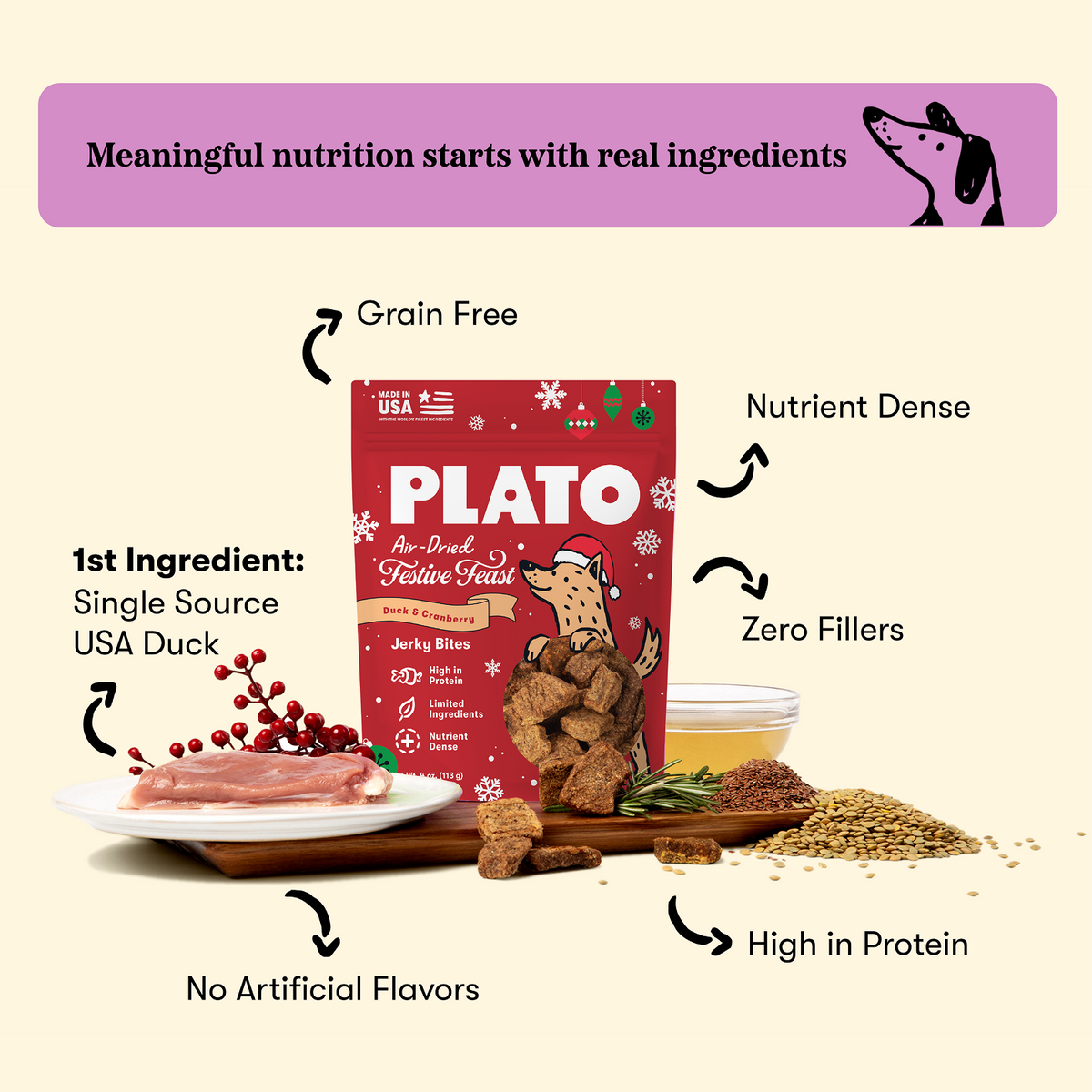 Plato Pet Treats Holiday Feast Duck With Cranberry Jerky Dog Treat 4oz