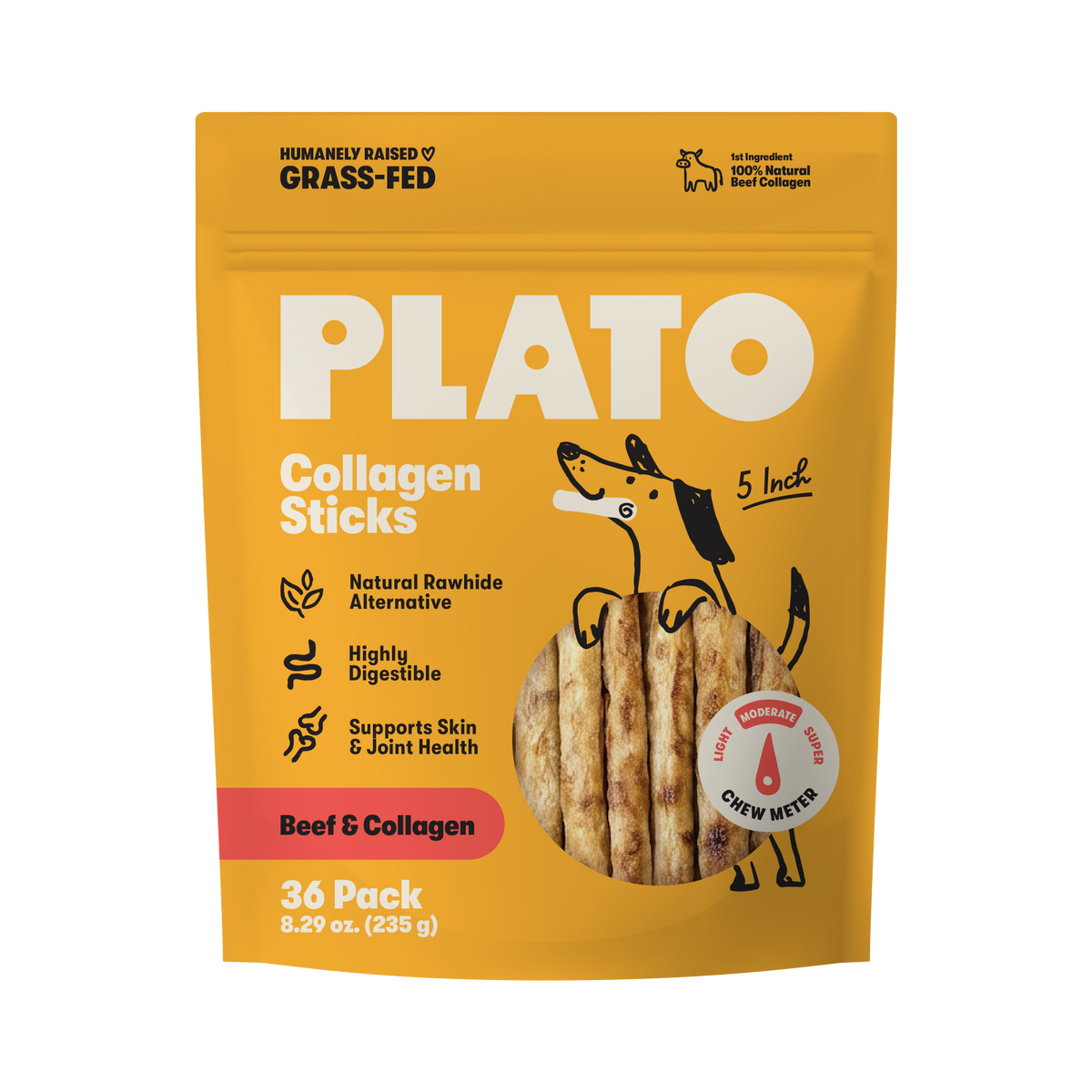 Plato 5 Inch Collagen Sticks Beef 36 Pk