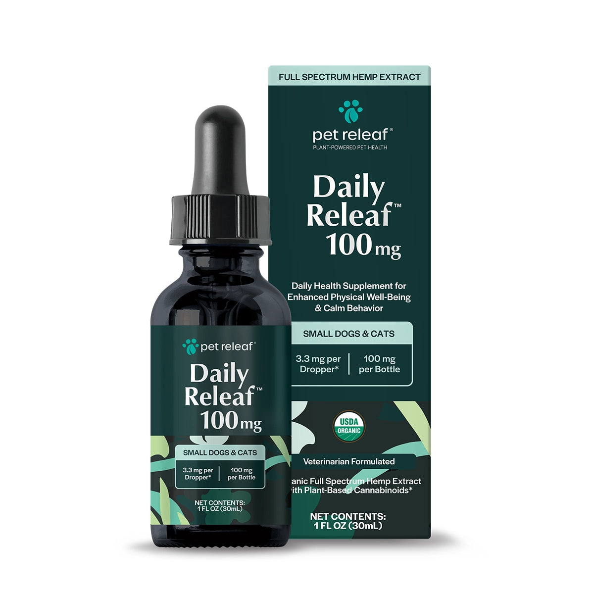 Pet Releaf USDA Organic Daily Releaf 100mg Hemp Oil for Small Dogs & Cats