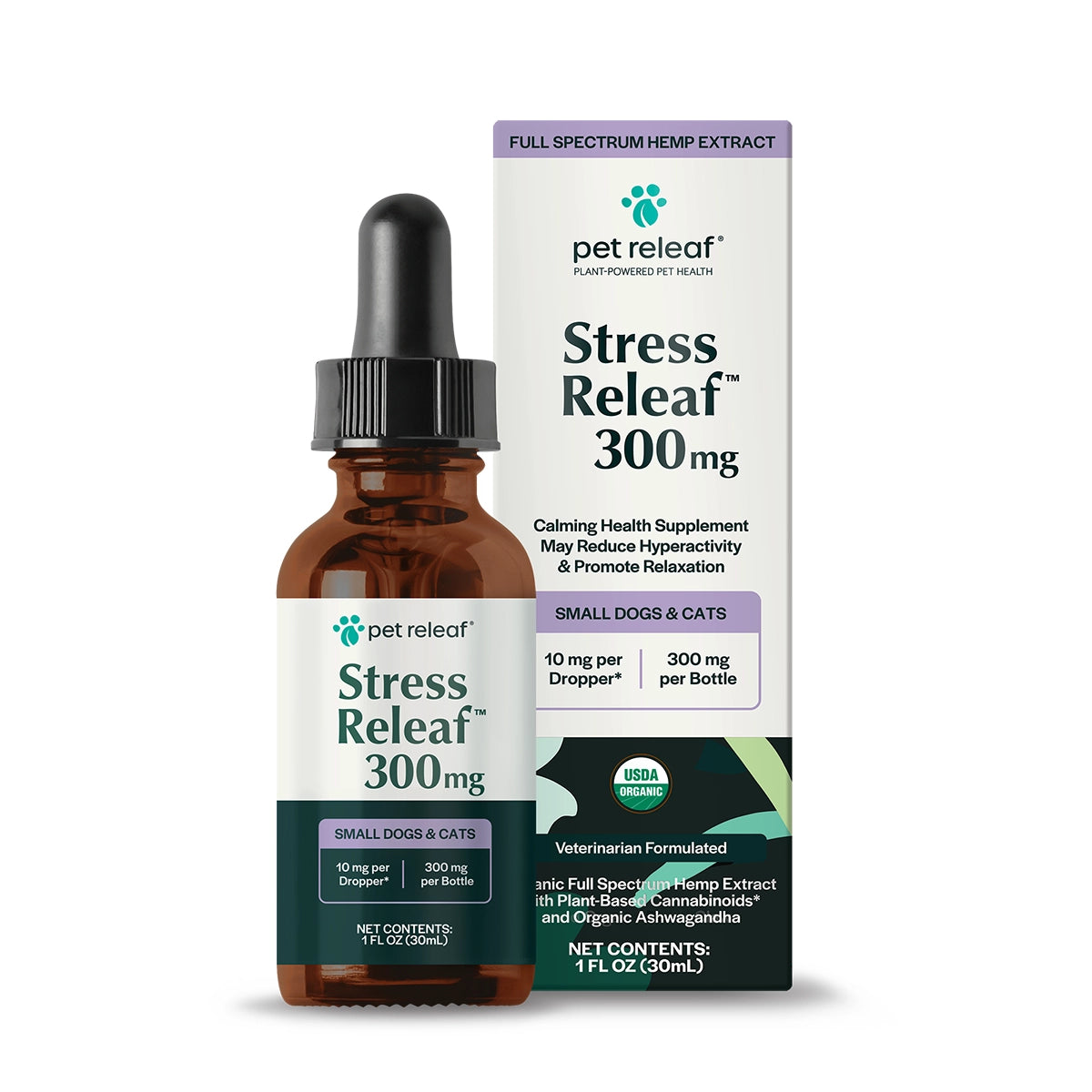 Pet Releaf USDA Organic Stress Releaf 300mg Hemp Oil for Small Dogs & Cats