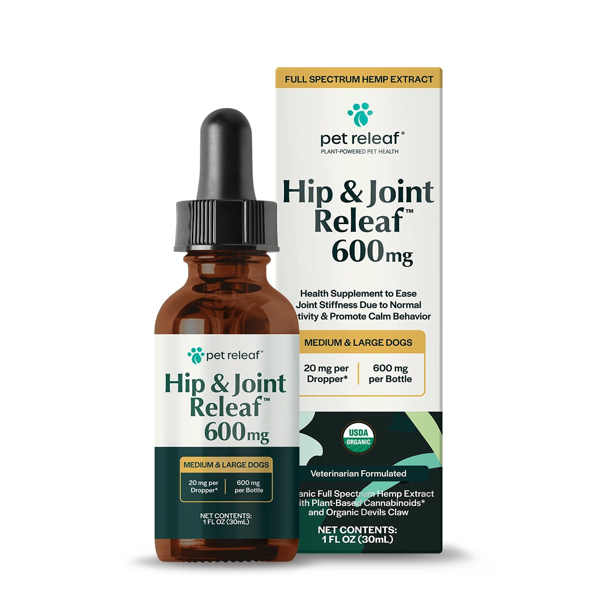 Pet Releaf USDA Organic Hip and Joint Releaf 600mg Hemp Oil for Medium & Large Dogs
