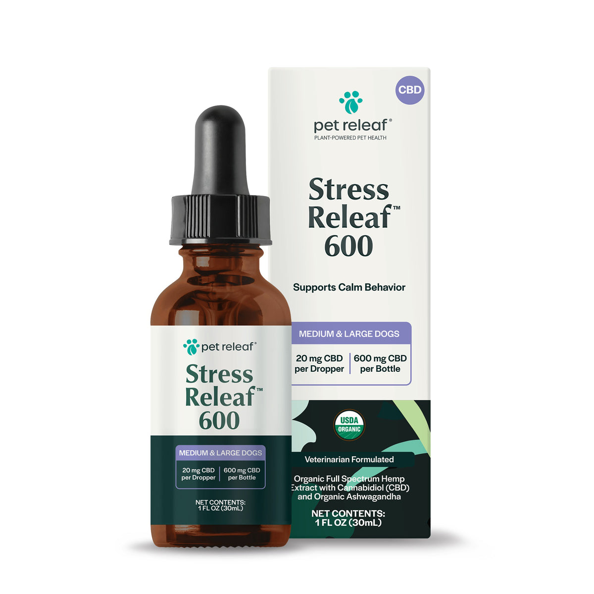 Pet Releaf USDA Organic Stress Releaf 600mg CBD Oil for Medium & Large Dogs