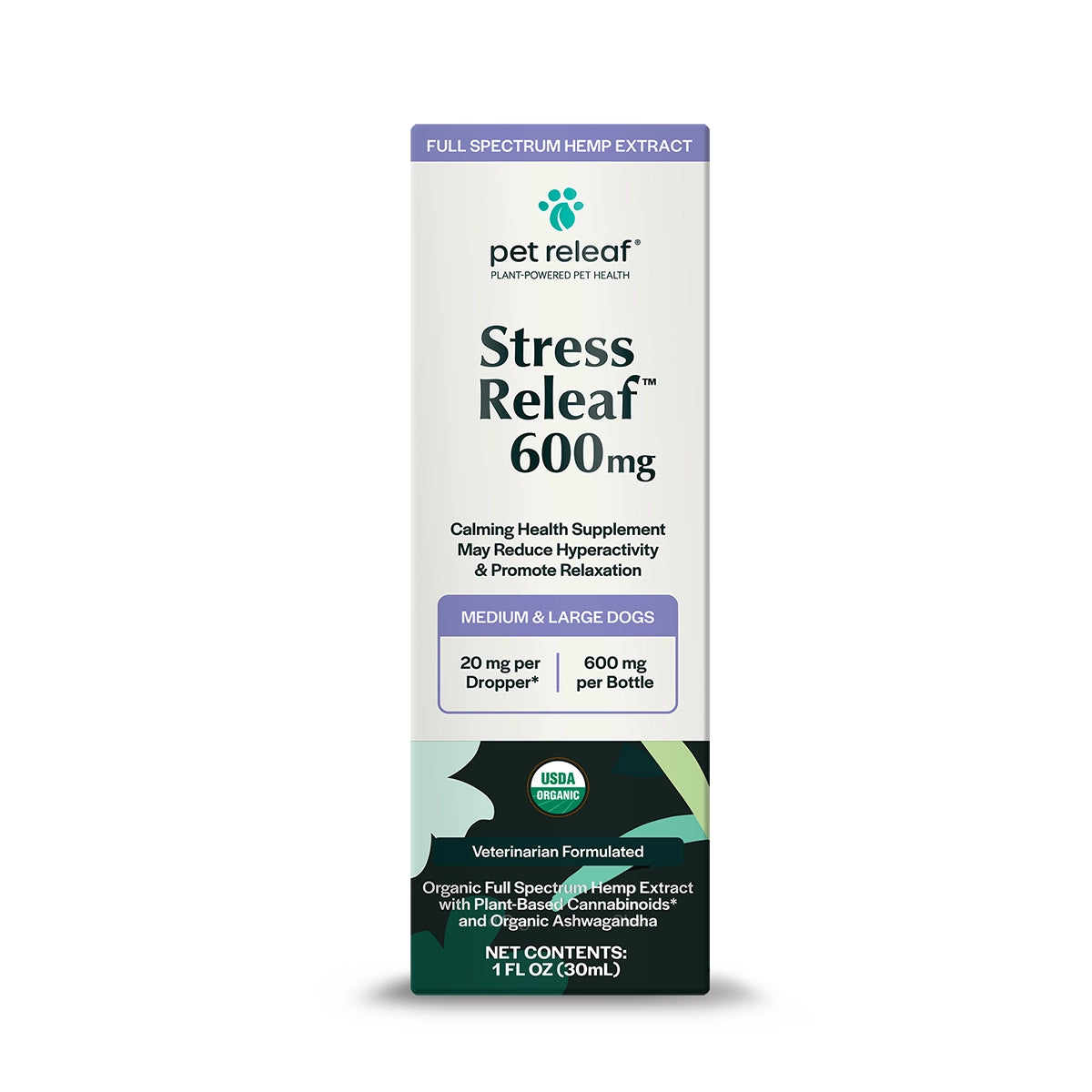 Pet Releaf USDA Organic Stress Releaf 600mg Hemp Oil for Medium & Large Dogs