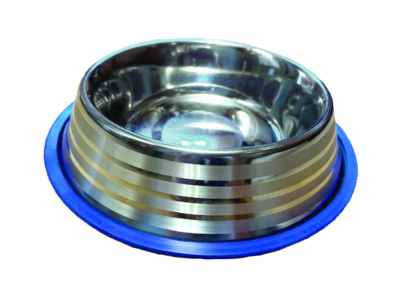 ThoozyPet No-Tip Dish with Silver Stripe & Blue Silicone Ring 8 Oz.