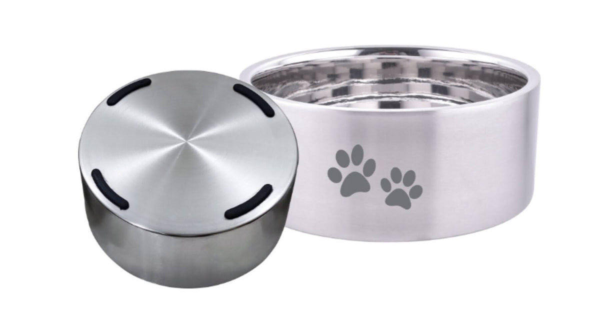 ThoozyPet Double Wall Bowl with Paws Silver 62 oz