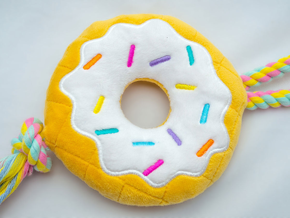 ThoozyPet Birthday Donut Plush Dog Toy with Rope 12"