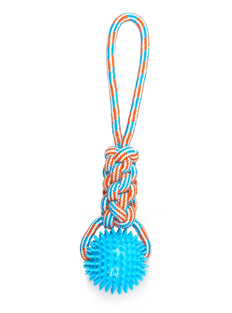 ThoozyPet Knotted Tug Rope Dog Toy with TPR Spike Ball Blue / Red 16"