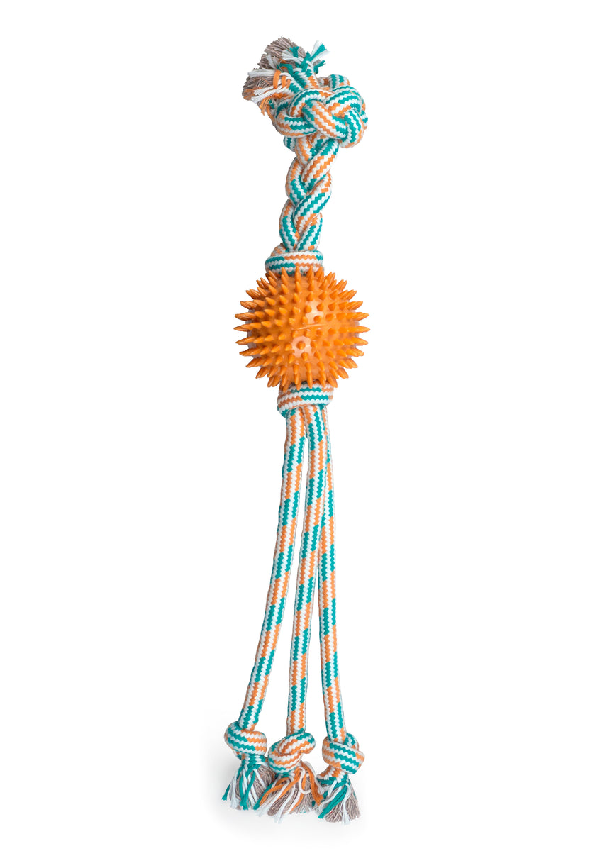 ThoozyPet Squid Tails Tug Rope Dog Toy with TPR Spike Ball Orange / Teal 22"