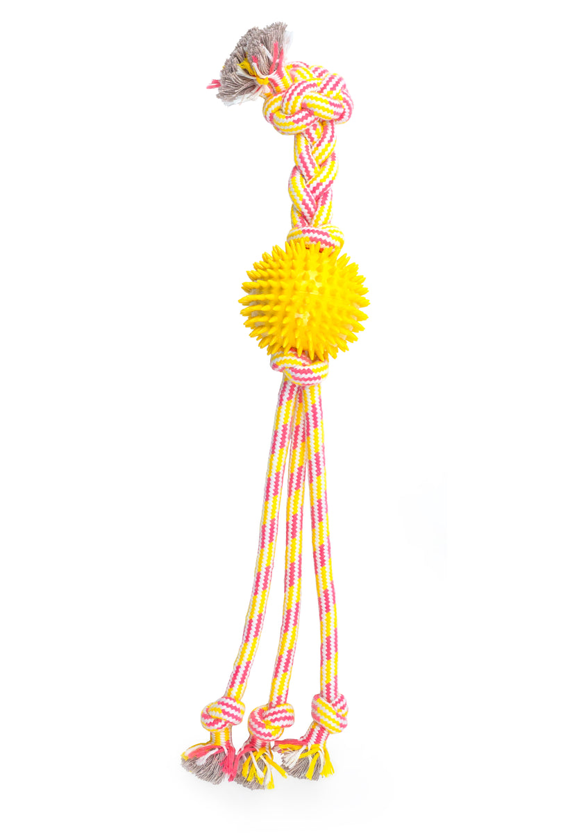 ThoozyPet Squid Tails Tug Rope Dog Toy with TPR Spike Ball Yellow / Pink 22"