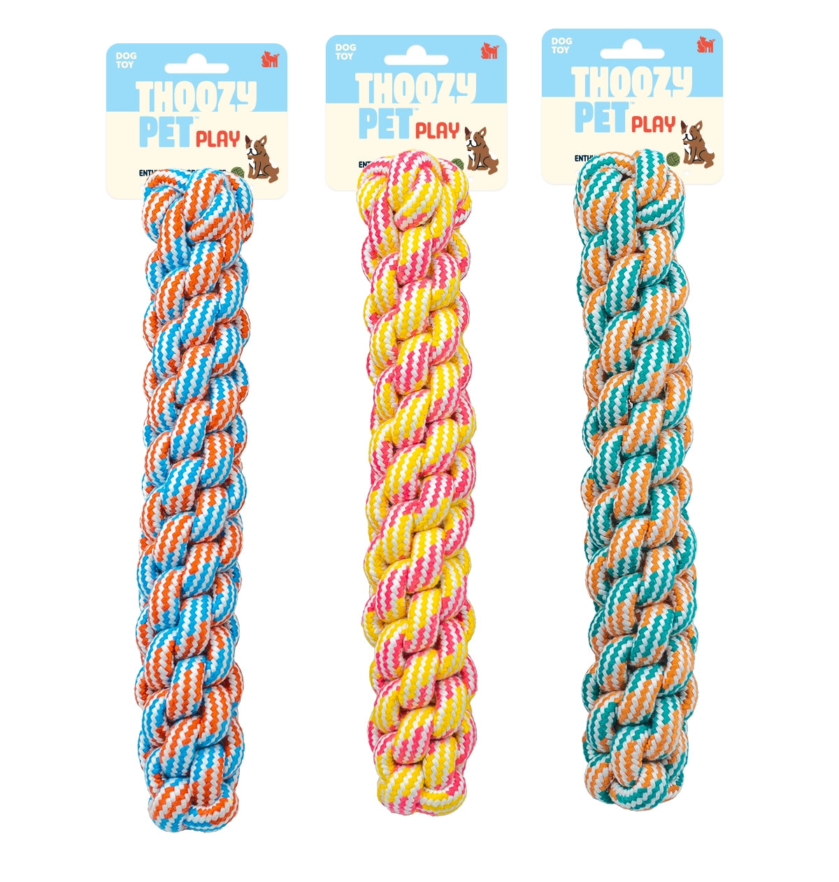 ThoozyPet Knotted Fetch Stick Rope Dog Toy Yellow / Pink 12.5"