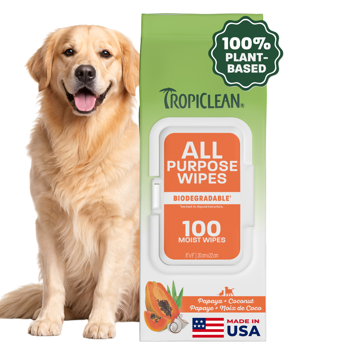 TropiClean Papaya + Coconut All Purpose Pet Wipes, 100ct