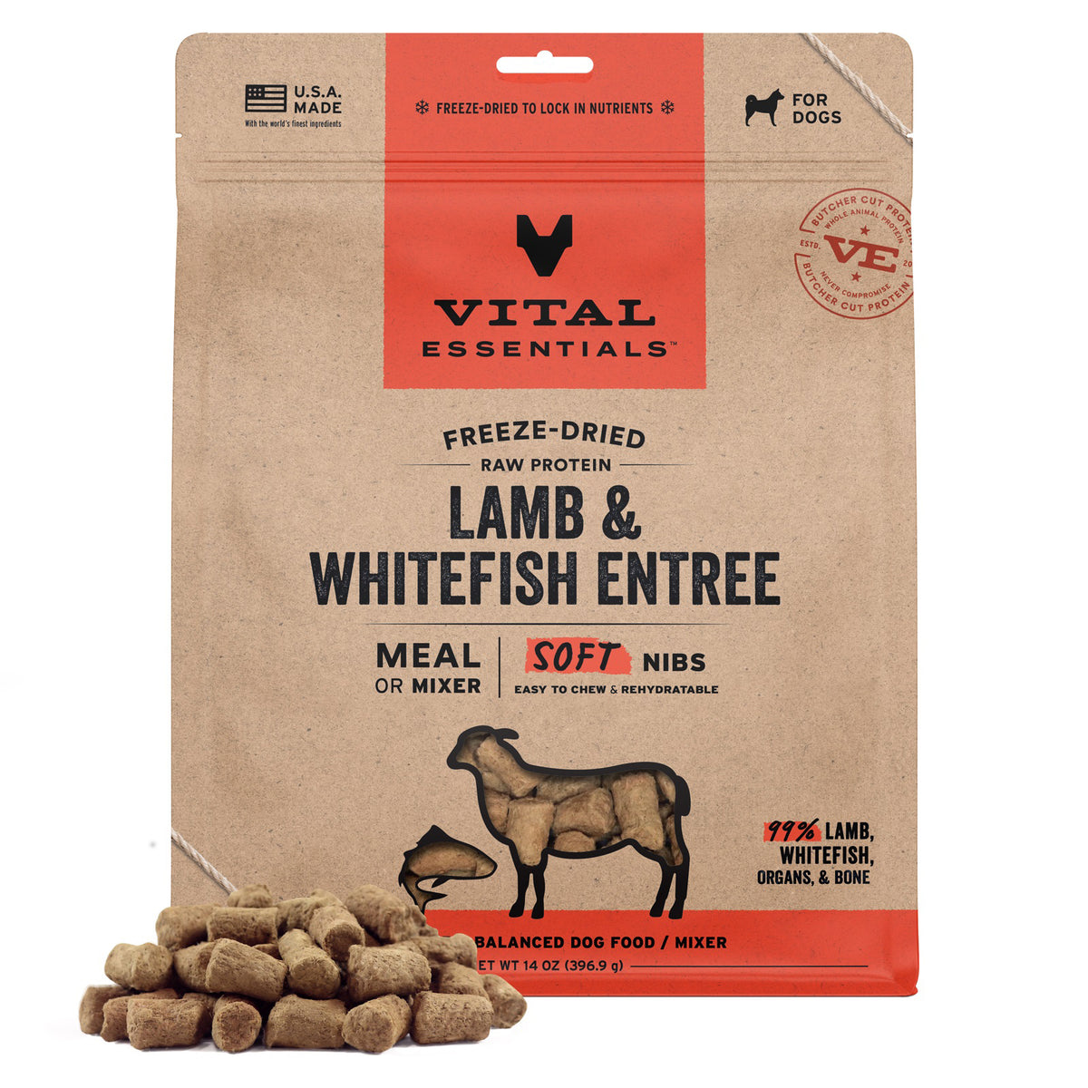 Vital Essentials Freeze-Dried Raw Lamb & Whitefish Entree & Mixer Dog Food Soft Nibs, 14 oz