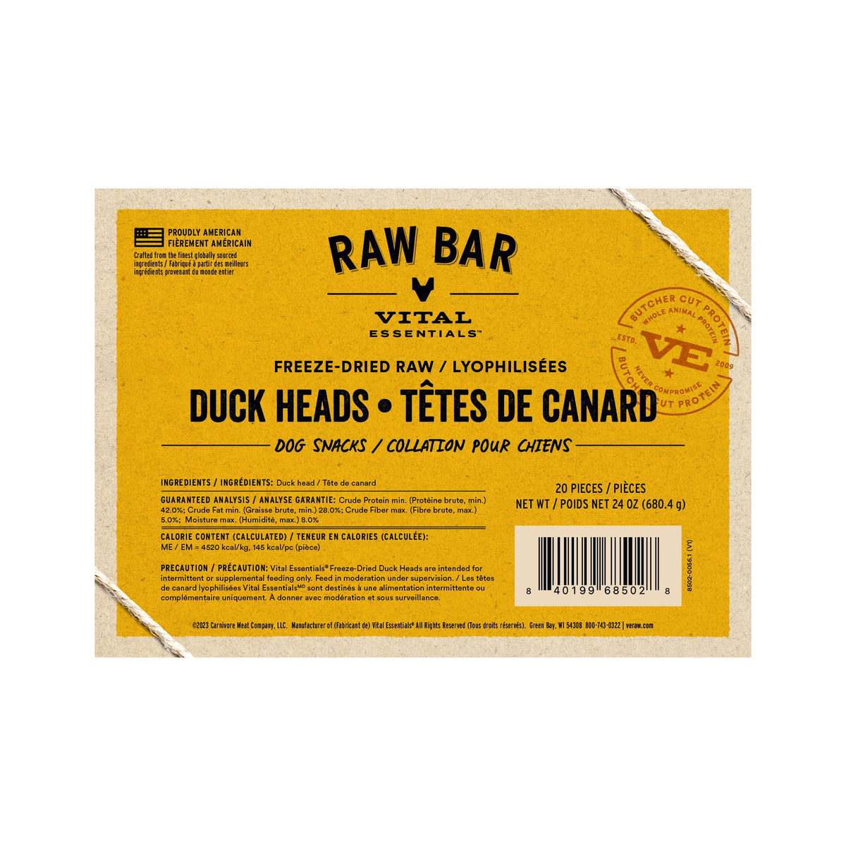 Vital Essentials® RAW BAR Freeze-Dried Raw Duck Heads Dog Snacks - 20 pcs
