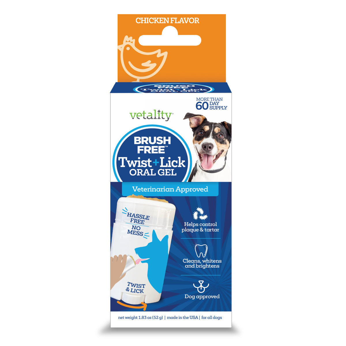 Vetality Brush Free Twist & Lick Dental Gel for Dogs Chicken 2 oz (60g)