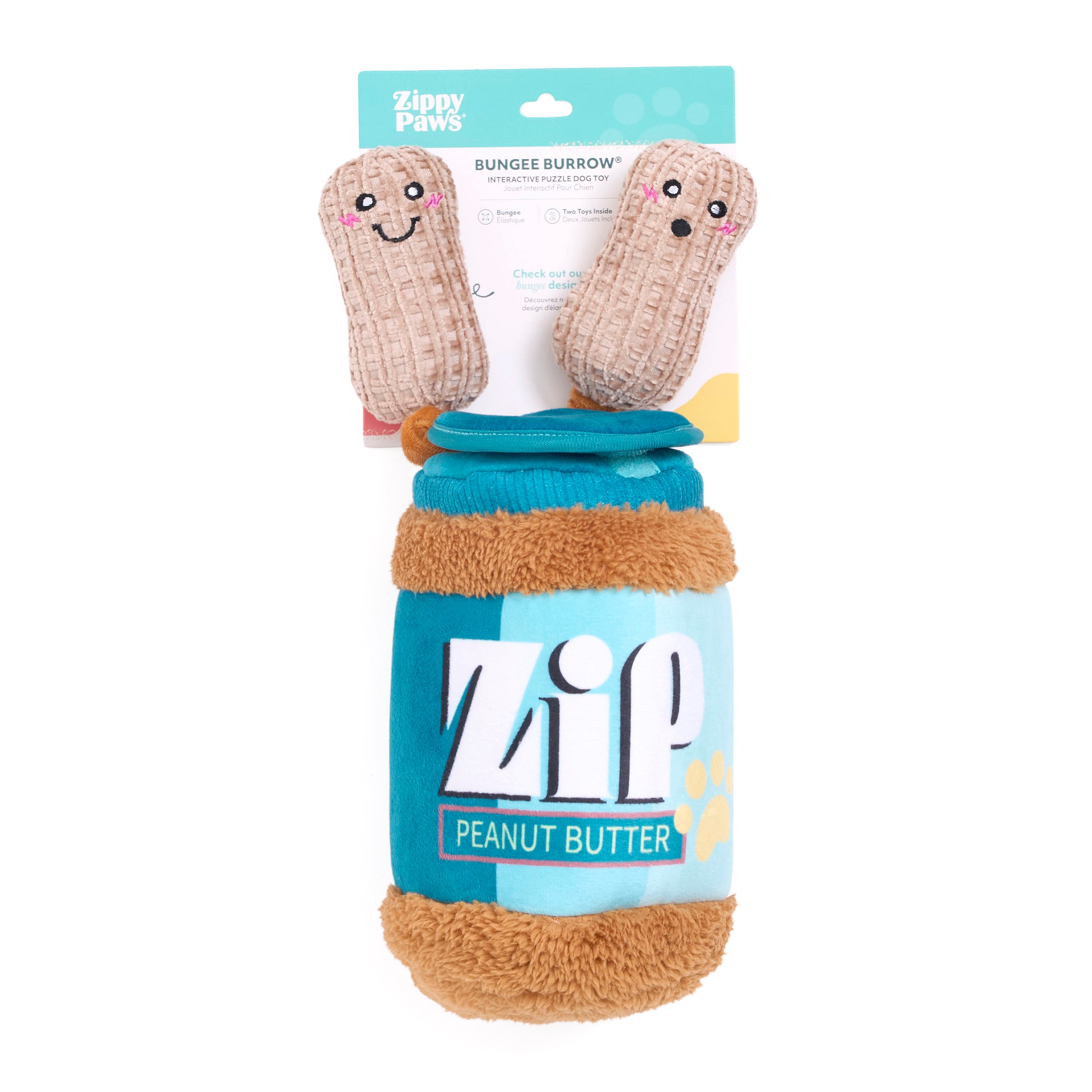 ZippyPaws Bungee Burrow Peanut Butter Jar Plush Dog Toy