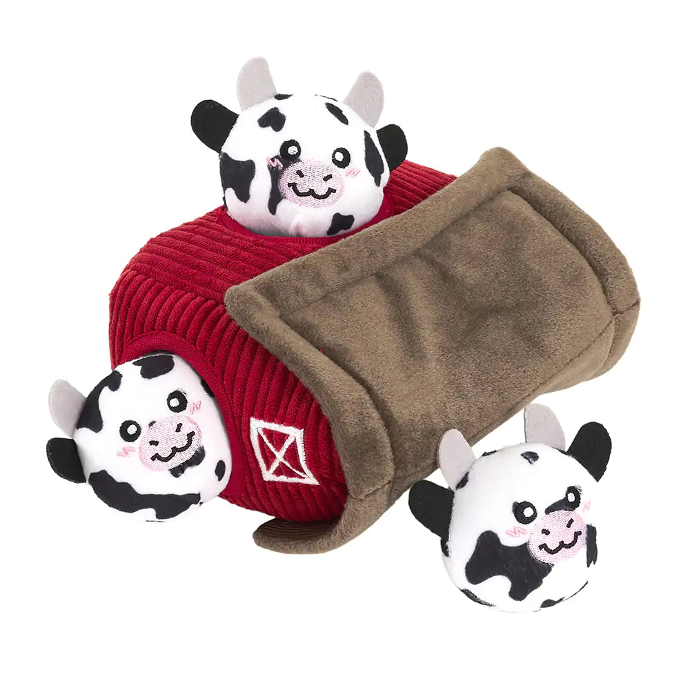 ZippyPaws Burrow Cow Barn Interactive Plush Dog Toy
