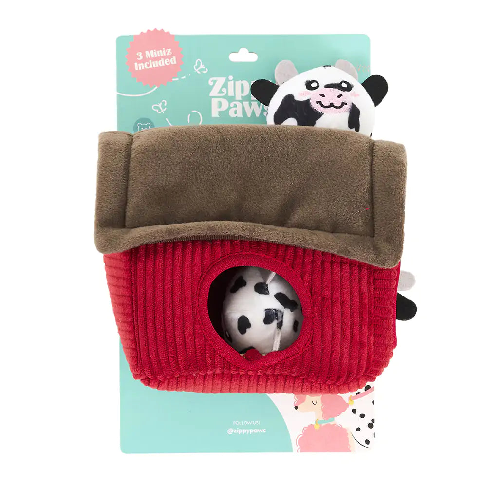 ZippyPaws Burrow Cow Barn Interactive Plush Dog Toy